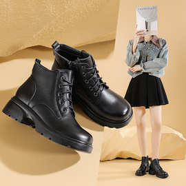 头层牛皮马丁靴女加绒厚底软底轻底秋冬新款增高粗高跟小个子1390