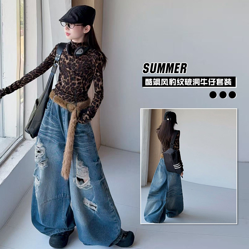 女童美式街头嘻哈破洞牛仔裤2026新款大儿童秋装潮酷设计感阔腿裤