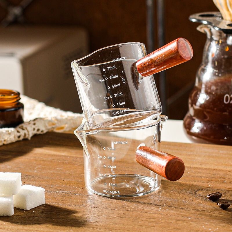 Glass Small Milk Cup with Wooden Handle, Espresso Measuring Cup, Mini Ins-Style Ounce Cup