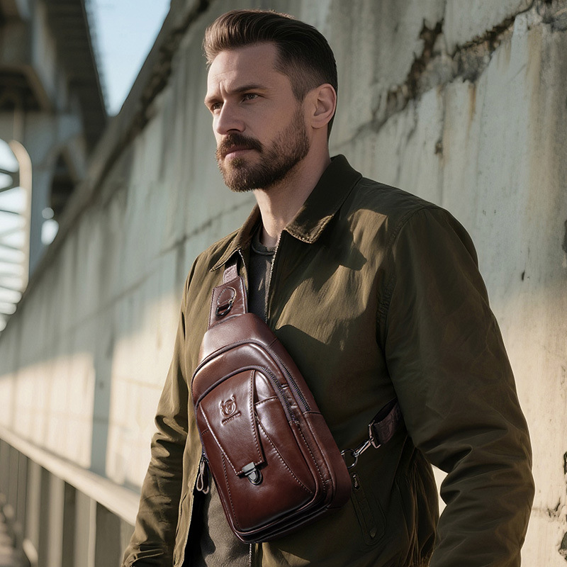 Capitán Niu cuero hombres de cuero hombro crossbody pecho bolsa capa superior de piel de vaca moda multi-funcional deportes casual pecho bolsa