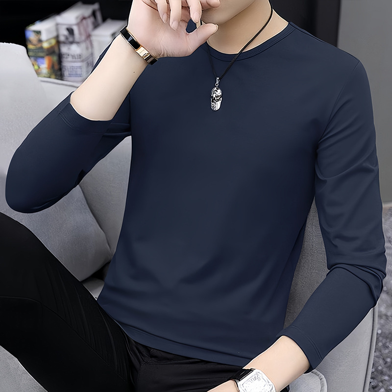 Navy Blue T-Shirt for Men, Long-Sleeved Round-Neck Shirt, Solid Color Clothing, Spring and Autumn Base Layer, Pullover Autumn Shirt