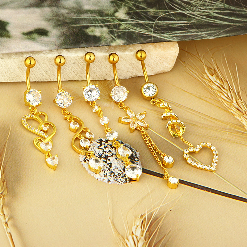 Best Selling Gold Heart Navel Ring Stainless Steel Copper Inlaid Zircon Belly Button Piercing Jewelry detail image 4