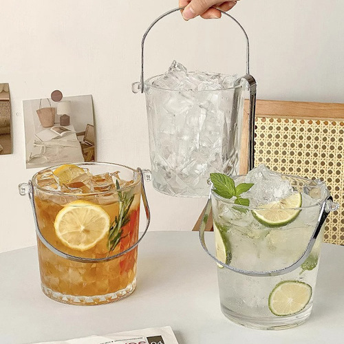 Creative carved glass portable ice bucket drink bucket ice clip thickened large capacity ins transparent fruit tea bucket container