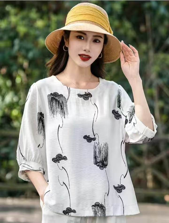 Cross-border nueva camiseta de mujer china impresa de manga media camiseta de mujer de verano camiseta de base de cuello redondo artística ocio image 1