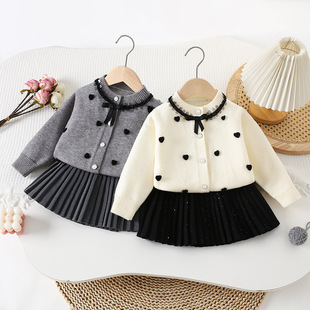 Girls' Heart Sequin Lace Collar Sweater Skirt Spring New Baby Girl Cute Knitted Two-Piece Korean Style Trendy