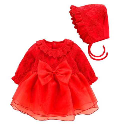 Baby's 1st Birthday Dress for Girls, Spring and Autumn Red 100th Day Children's Princess Dress for Baby Girls, Summer Newborn Baby Clothes