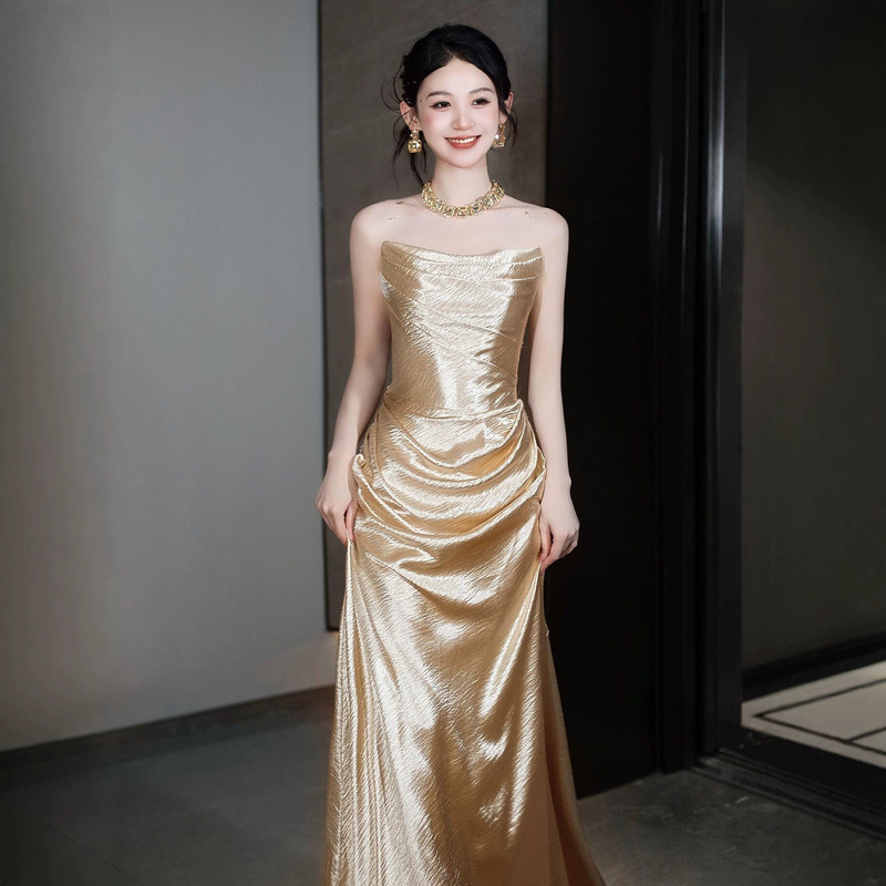 Strapless evening dress, high-end light luxury light gold engagement dress, 2026 new bridal toast dress, slimming dress Strapless evening dress, high-end light luxury light gold engagement dress, 2026 new bridal toast dress, slimming dress