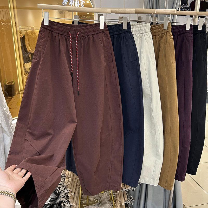 Plus-Size 150kg Spring and Autumn Elastic High-Waisted Drawstring Wide-Leg Pants for Women, Slimming Casual Loose Cropped Pants