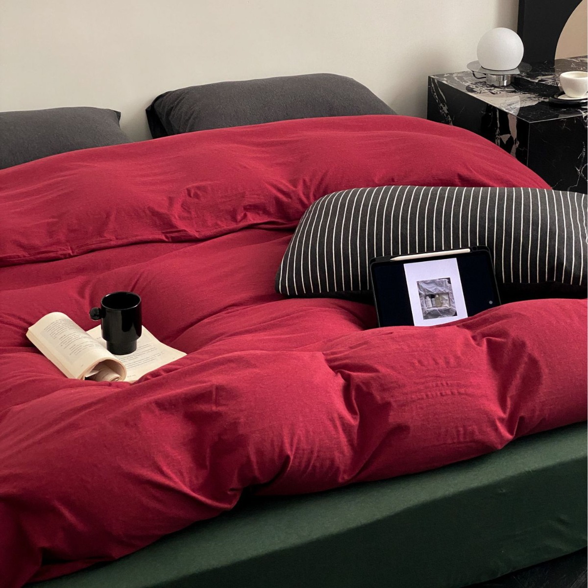 2025 New Product Retro Style Contrast Color Spinning Four Sets Pure Cotton Washable Breathable Sheets and Fitted Sheets Set