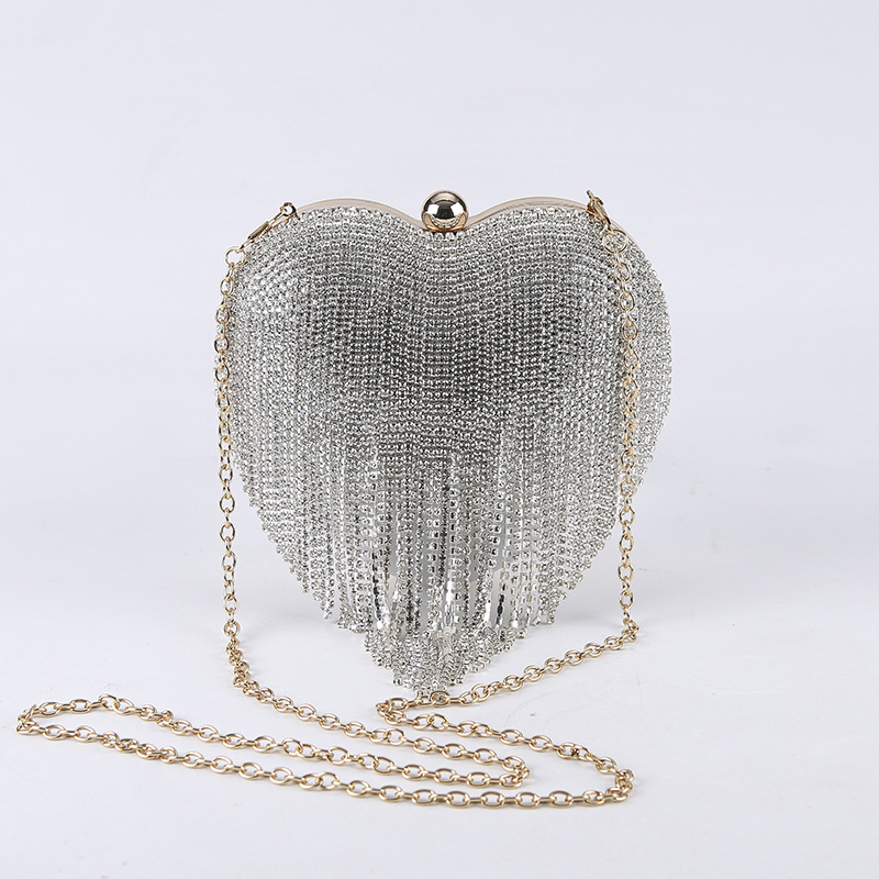 Corazón de melocotón transfronterizo Bolso de mujer borla de diamantes bolsa de amor fiesta Bolsa De noche Portátil Bolsa de mensajero de cadena entrega de una pieza