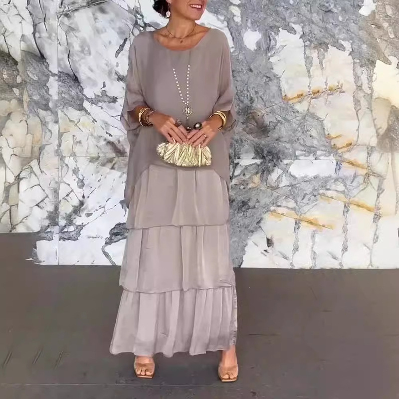 2026 European and American fashion new chiffon mesh bat sleeve round neck long dress, European and American style light luxury