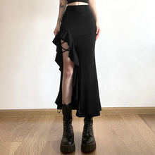 欧美风2024夏季新款女装时尚性感收腰包臀系带开衩不规则边半身裙