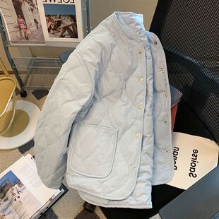 Chanel style down cotton-padded coat for women winter New 2023 gentle style high-grade quilted thickened blue rhombus coat