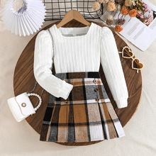 跨境欧美风2025年秋季新款方领长袖上衣搭配格子短裙女童时尚套装