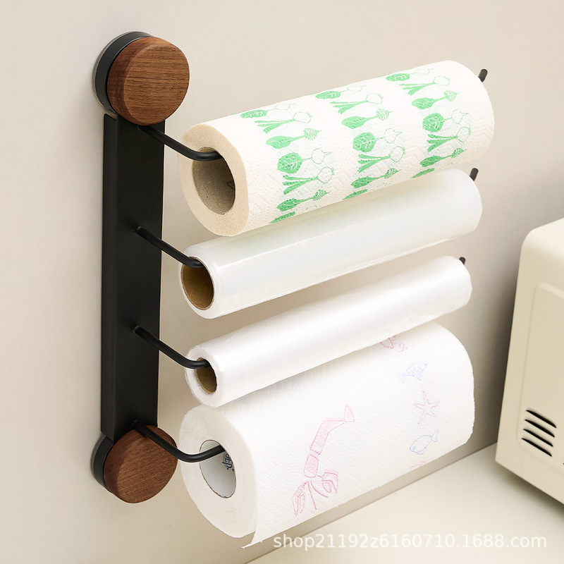 Kitchen Paper Towel Holder, Punch-Free Cabinet Roll Paper Holder, Plastic Wrap Bag, Multi-Rod Storage Rag Rack, Wall-Mounted