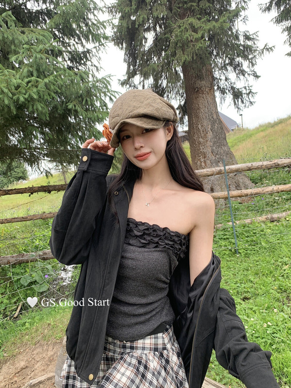 GS.GOOD START浪漫氛围气质设计感花边抹胸背心女装配可拆卸飘带|undefined