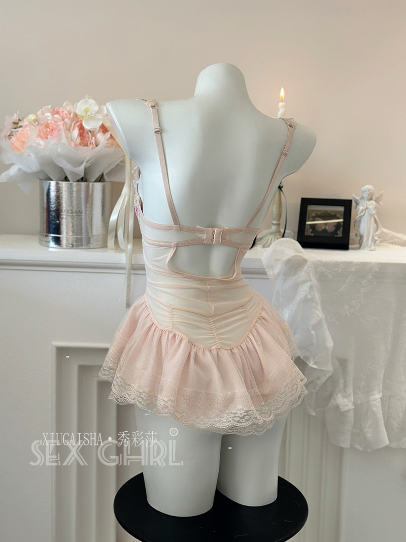 Floral Lace Corset Lingerie Set with Push-Up Pads, Mini Skirt and Thong — detail image 19