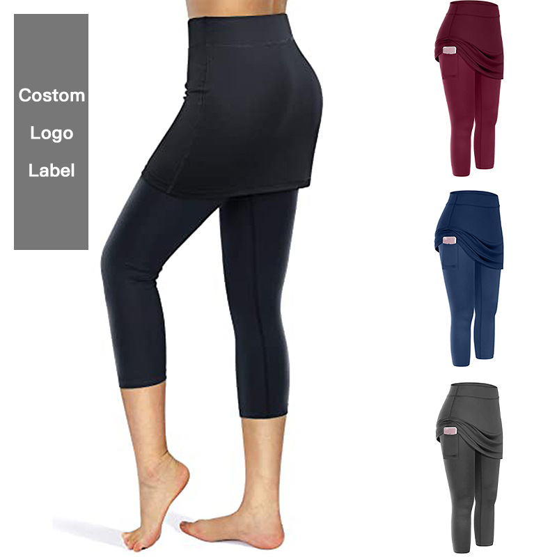 European and American solid color fake two-piece cropped pants yoga clothes yoga pants slim stretch high waist fitness pants sports culottes