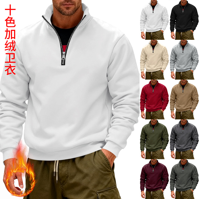Cross-Border American Winter Velvet Heavyweight Loose Outdoor Men's Warm Half-Zip Stand-Up Collar Pullover Sports Sweatshirt for Men