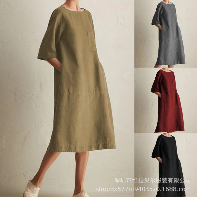 A Large Number of Stock Amazon European and American Cross-Border Foreign Trade Plus Size Women's Casual Round Neck Mid-Sleeve Cotton and Linen Flap Pocket Pants Dress A Large Number of Stock Amazon European and American Cross-Border Foreign Trade Plus Size Women's Casual Round Neck Mid-Sleeve Cotton and Linen Flap Pocket Pants Dress