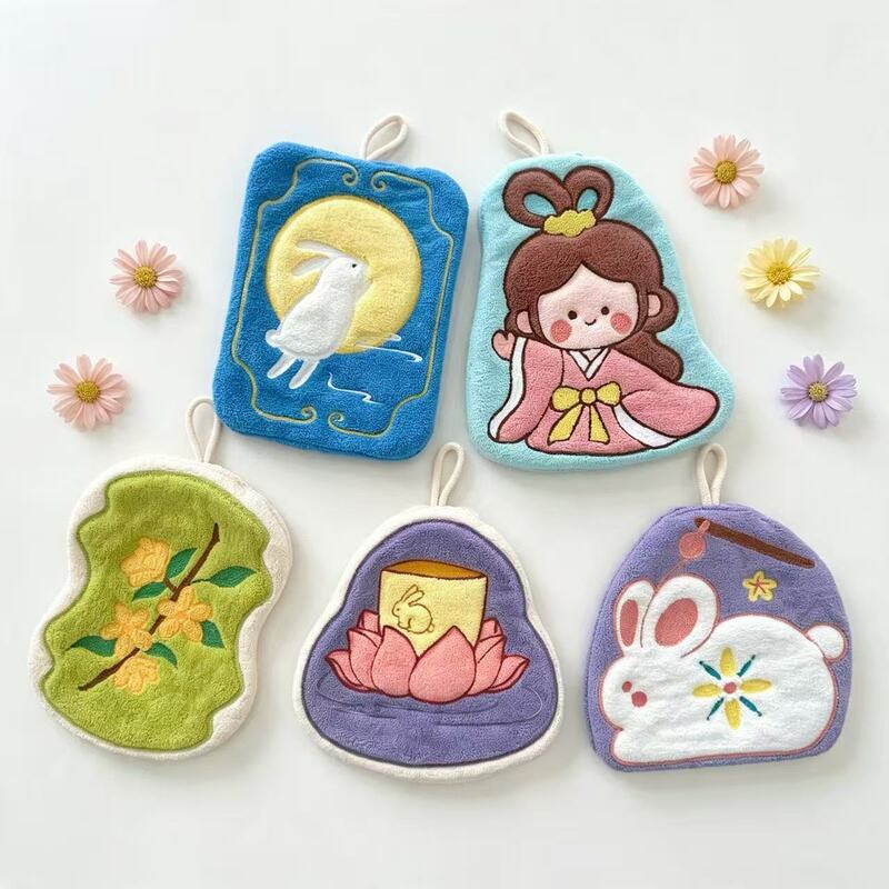 Cute Cartoon Mid-Autumn Rabbit Hanging Hand Towel for Kitchen, Quick-Dry, Soft, Thickened Coral Fleece Towel, Washcloth Cute Cartoon Mid-Autumn Rabbit Hanging Hand Towel for Kitchen, Quick-Dry, Soft, Thickened Coral Fleece Towel, Washcloth