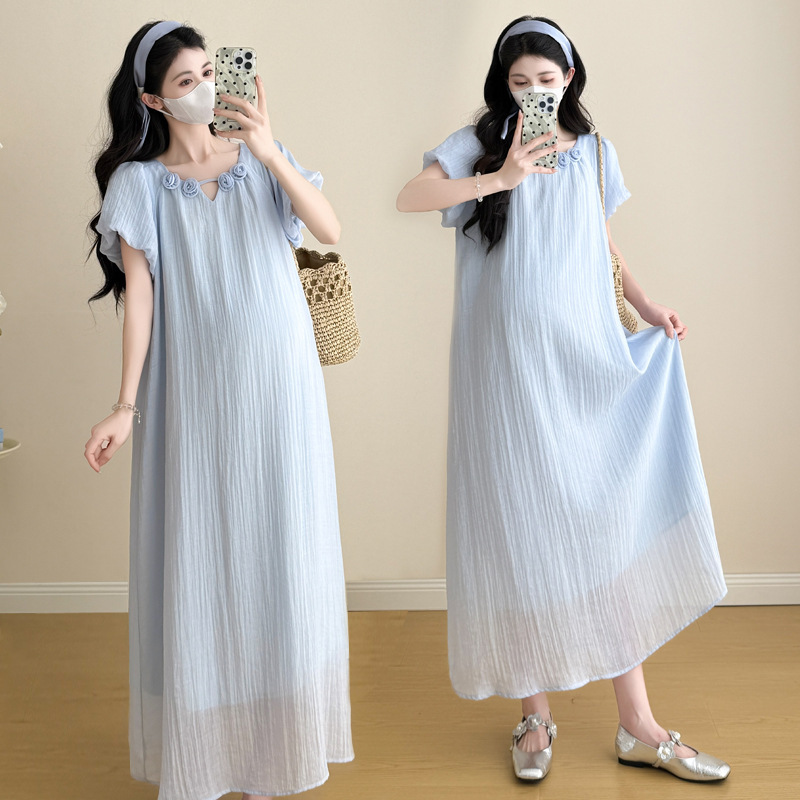 Maternity Dress 2026 Summer Style Korean Gentle Style Puff Sleeve Long Dress That Covers the Belly Without Revealing Pregnancy