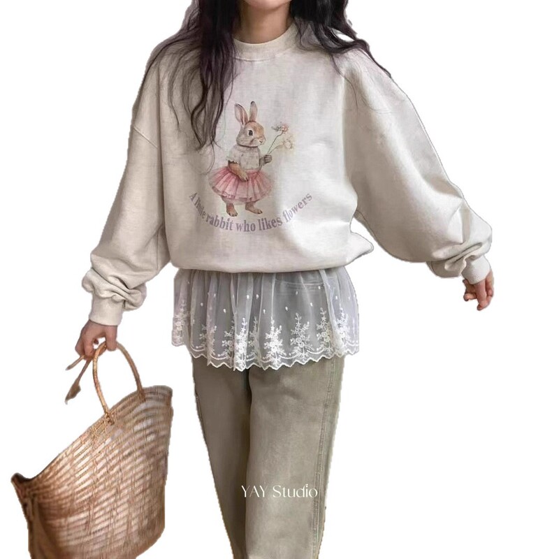 慵懒风宽松套头加厚卫衣女秋冬新款韩系卡通小兔长袖圆领无帽上衣|undefined