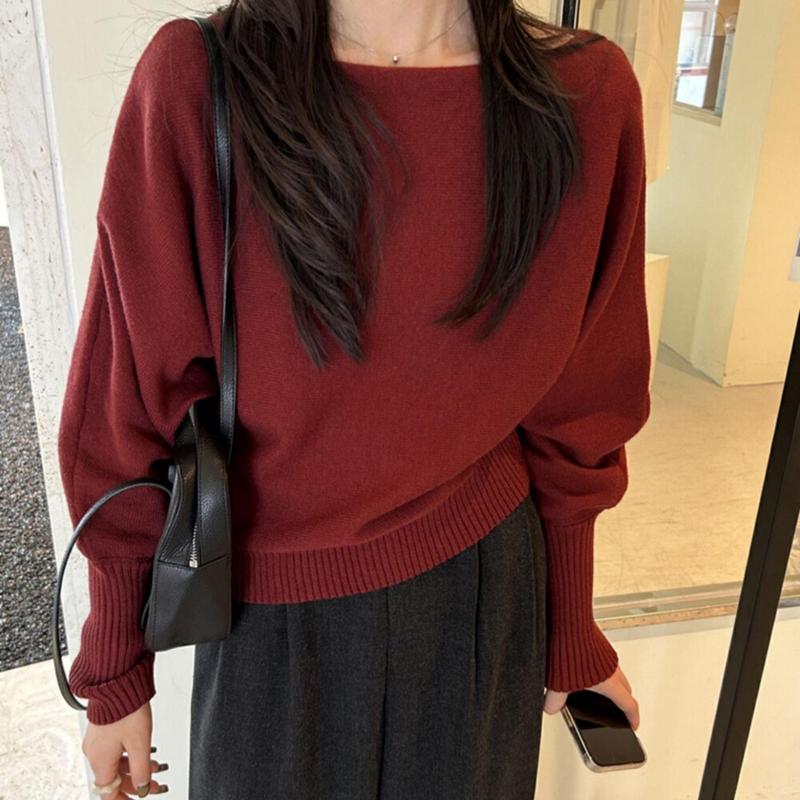 温柔风斜肩一字领灯笼袖针织衫女装2025韩系穿搭宽松别致小衫上衣|undefined