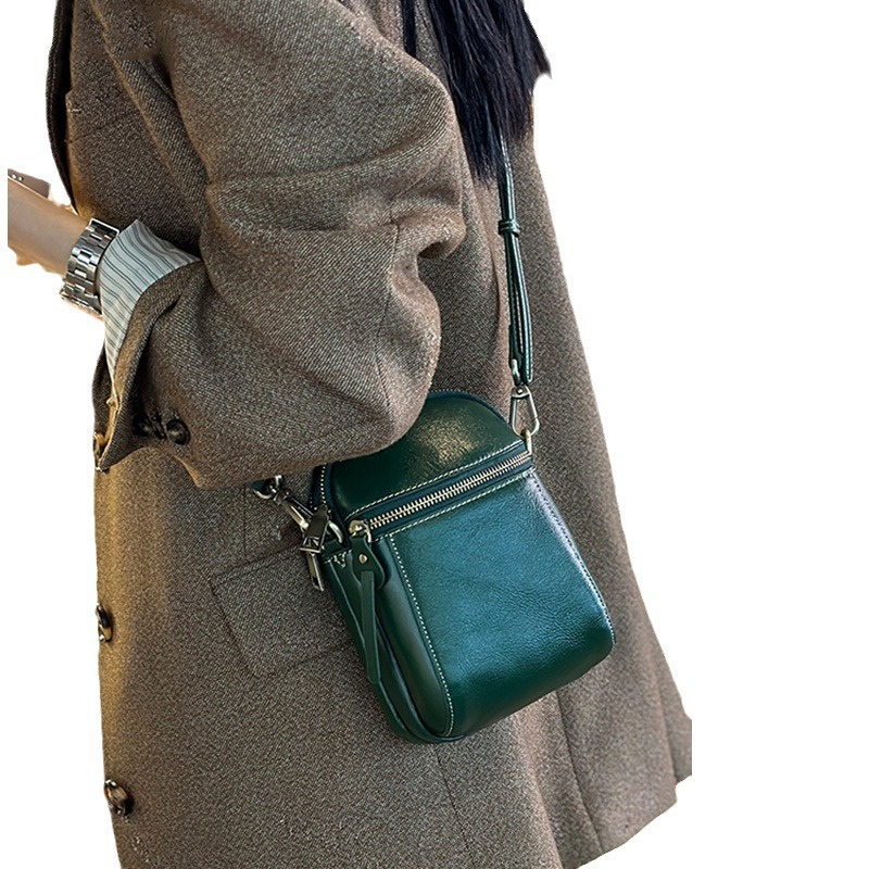 2026 Spring/Summer Genuine Leather Mini Bag - Versatile Single Shoulder Crossbody Vertical Niche Retro Mobile Phone Bag For Women - Thumbnail 5
