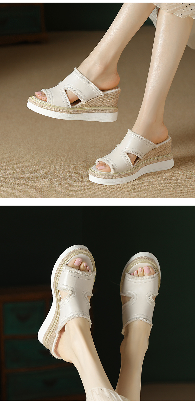 Dép sandal nữ quai ngang đế cao bện rơm mũi hở gót 9 cm — màu be, màu hồng nhạt chi tiết 5