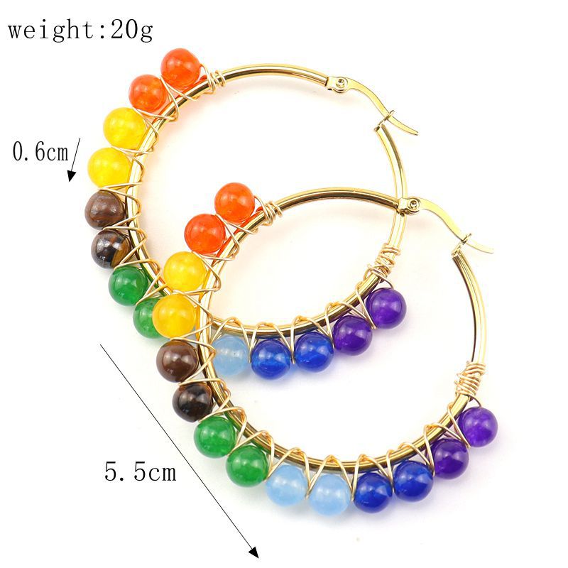 25g Weight Hoop Earrings Classification 1 Pair Retro Simple Style Round Beaded Plating Natural Stone Copper Hoop Earrings