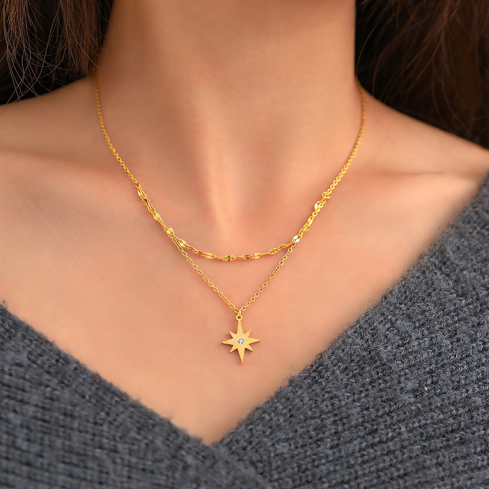 Stainless Steel New Starburst Diamond Pendant Double-Layer Necklace Women's Versatile Necklace High-End Hot Style Light Luxury Clavicle Chain