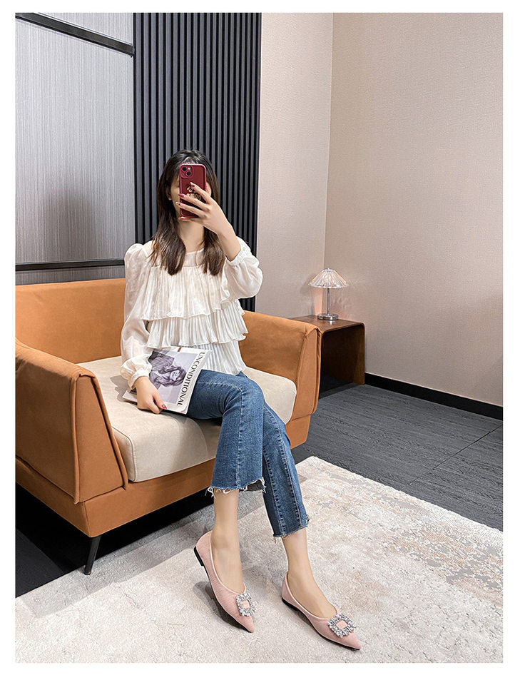 Giày búp bê nữ mũi nhọn gót thấp đính đá phối nơ, kiểu Pháp thanh lịch — Màu hồng, Màu mơ, Màu đen chi tiết 27