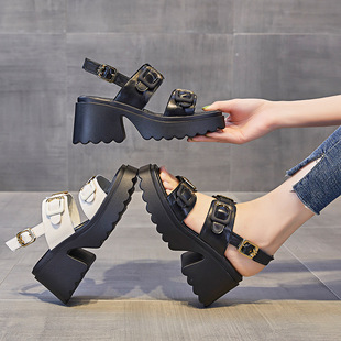 High-End Fashionable Women's Shoes 2024 Summer New Korean Style Thick-Soled 7cm Heightening Roman Sandals Open-Toe Beach Shoes