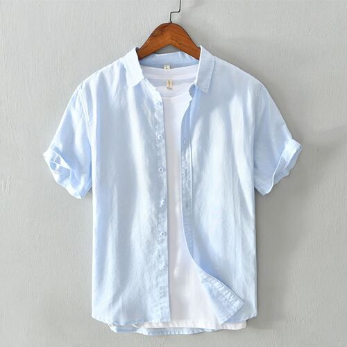 Men's Summer Loose Linen Cotton Casual Short Sleeve Shirts, Japanese Style, Fresh and Basic, Youthful and Literary