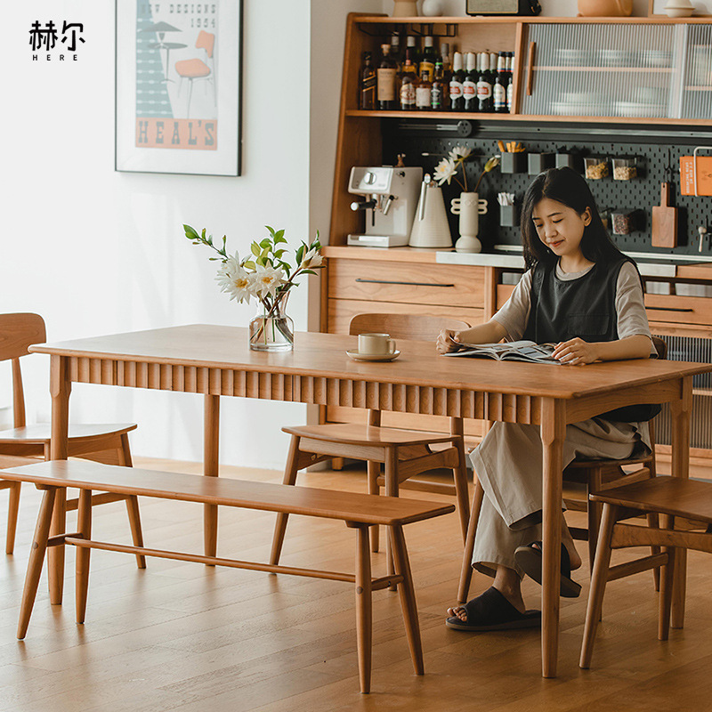 Nordic solid wood square drawer dining table, Japanese modern small apartment retro cherry wood Jimei restaurant dining table