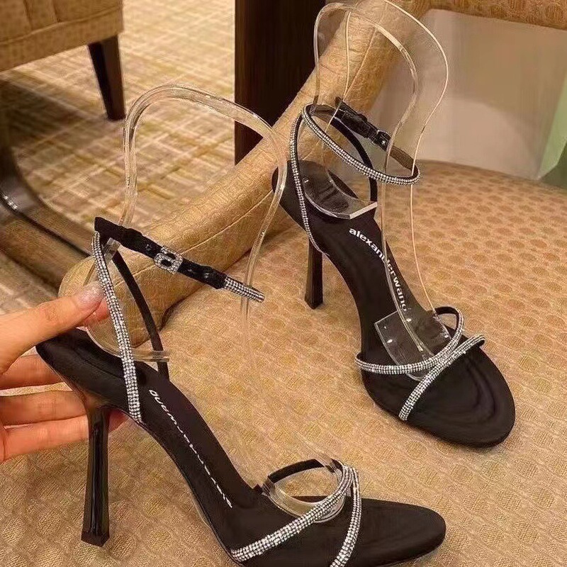 High-heeled sandals pink rhinestone high heels women 2023 early spring new letters sexy wind sandals women Black