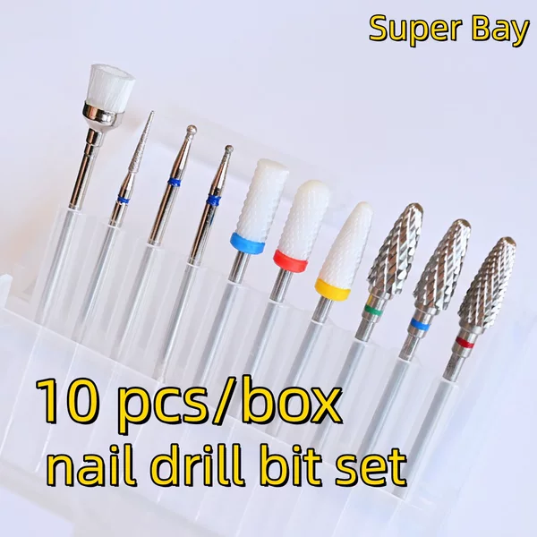 10-piece nail polishing head set, diamond polishing heads for pre-treatment of nails, engraving and polishing nail drill bits