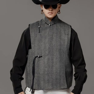 丨New Chinese Style Men's Clothing Improved Chinese Style Slanted Lapel Mandarin Jacket Stand Collar Tang Suit Vest Men's Outer Wear Vest Gray
