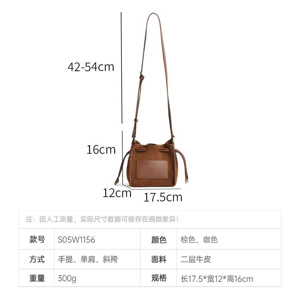 Niche Design Matte Cowhide Drawstring Bucket Bag Genuine Leather Textured Pleated Shoulder Crossbody Bag For Women - Thumbnail 4