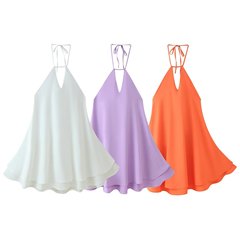 外国貿易注文！新しい夏の女性の無地ホルターネック V ネックノースリーブバックレスリボンショートドレス