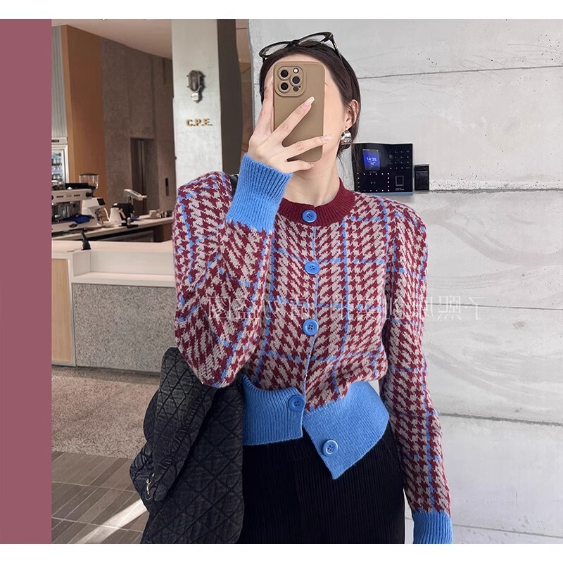 2023 popular online celebrity style slimming versatile design slimming elegant round neck houndstooth knitted cardigan