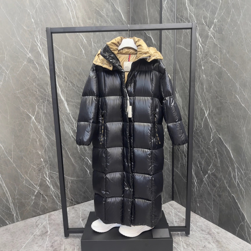 In-Stock Original m Mengjia Shiny Lacquer Nylon Black Gold Color-Blocking 90 White Duck down Long Women's down Jacket