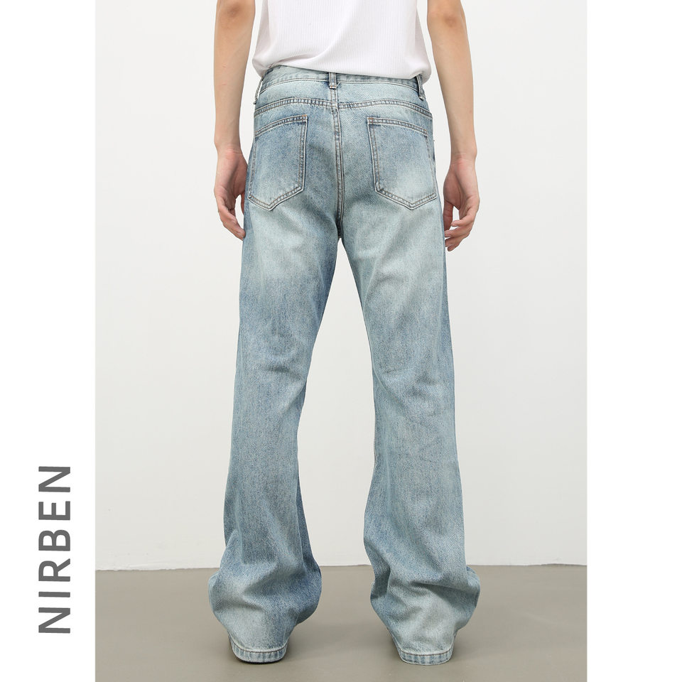 Quần jean nam ống loe nhẹ cạp vừa dáng suông rộng giặt wash cổ điển — Màu xanh lam, Đen xám