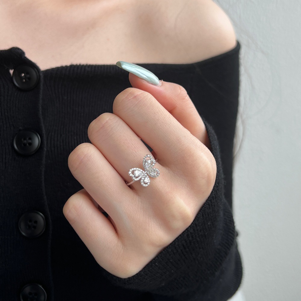 5g Weight Zircon Inlay Material Open Rings, Rings Classification 6, 9, Adjustable Ring Size 1 Piece Quantity Daily, Tea Party Occasion 925 Sterling Silver Material Butterfly Pattern Women's Gender Inlay Design Sweet, Shiny Style 925 Sterling Silver Zircon Butterfly Open Rings Rings 32