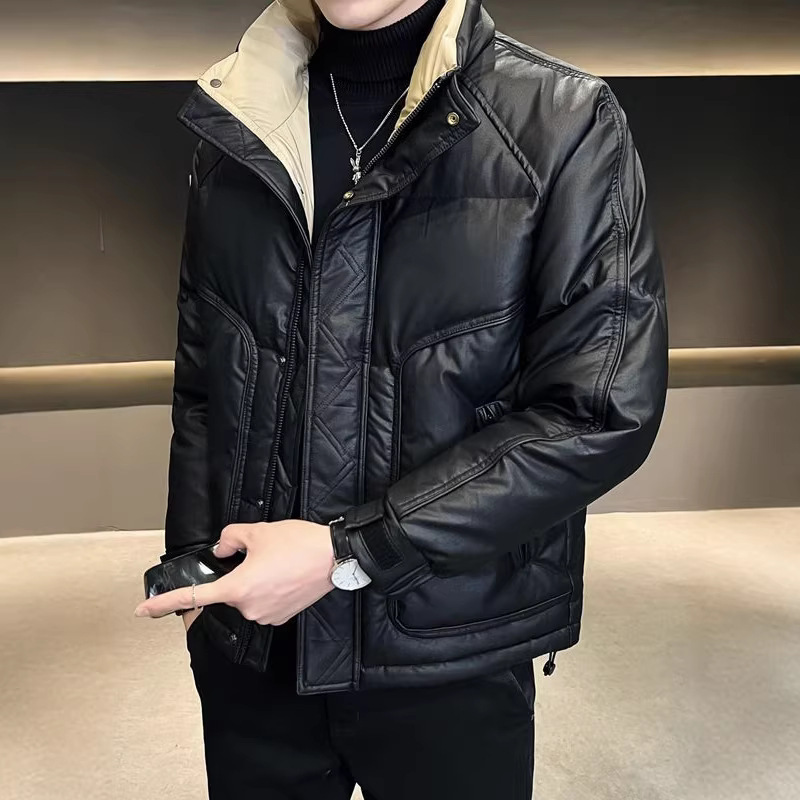 Down Jacket 2023 New Style Stand Collar Trendy Casual Thick Warm Winter Pu Leather Coat Loose Fit