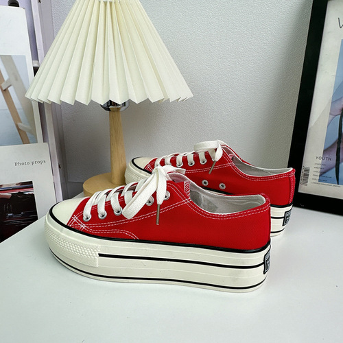 2024 Spring and Summer New Korean Version Versatile Sapphire Blue Big Red High Top Canvas Shoes Women's Thick Sole Increased 4CM Platform Shoes