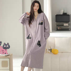 春秋新款纯棉拉架女长袖长裤开衫和服领睡衣时尚休闲女家居服