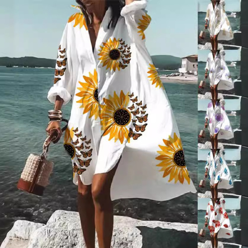 9392 Amazon Foreign Trade Fashion Women's Loose New Digital Printing Long Sleeve Lapel Shirt dress