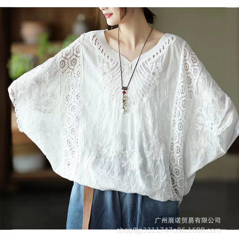 Women's T-Shirt Summer Fashionable Sunscreen Clothes Cotton Hollow-out Hook Bat Sleeve Top Loose Large Size Short Sleeve Blouse